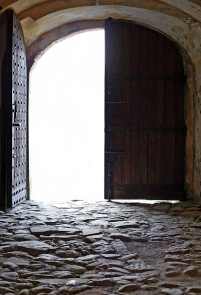 Entrance door and corridor of an old medieval european castle