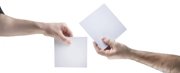 Mãos Segurando Entregando Papel Branco — Fotografia de Stock