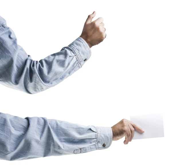 Mãos Segurando Entregando Papel Branco — Fotografia de Stock