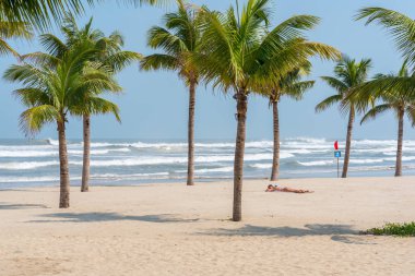 Danang, Vietnam - 1 Kasım 2018: Khe plajımda kumsalda bikinili genç bir kadın gezgin, birkaç hindistan cevizi ağacı ve denizde büyük dalgalar var..