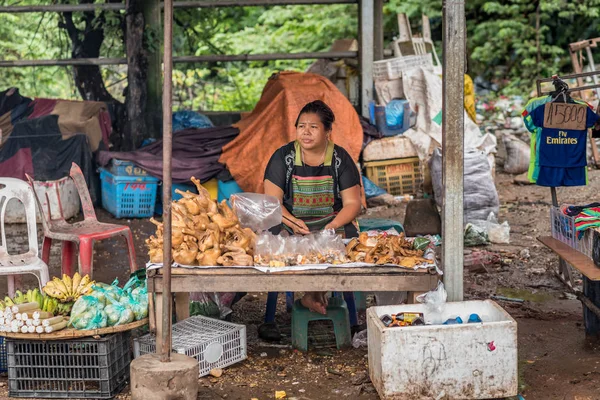 Vientiane Laos August 2018 Woman Sells Chopped Boiled Chicken Fruits — Stock Photo, Image