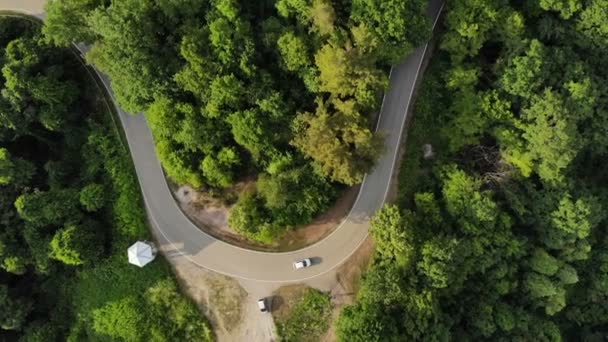 Vista aérea do carro branco que conduz na estrada rural na floresta. Drone cinematográfico tiro voando — Vídeo de Stock