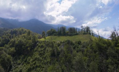 Havadan görünümü - peyzaj ağacının, dağ dağ bir güneşli bulutlu gün tepesinden