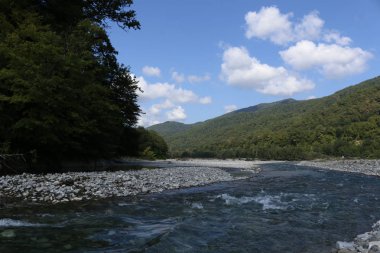 Yatay, dağlar, ağaçlar ve Nehri ön