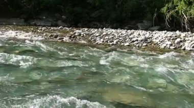 Hızlı akan derenin yakın çekim. Su yüzeyinde kabarcıklar ve köpük,