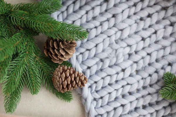 Christmas composition, gray knitted plaid, cones, fir branches — Stock Photo, Image