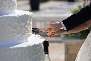Newlyweds cutting their white, tiered wedding cake with a cake server at an outdoor reception