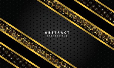 Siyah örtüşen katmanlı soyut arkaplan. Altın çizgili doku ve altın parıldıyor nokta süslemesi.