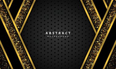 Siyah örtüşen katmanlı soyut arkaplan. Altın çizgili doku ve altın parıldıyor nokta süslemesi.