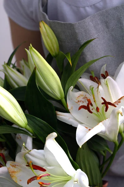 Strauß Weißer Lilien Ihren Händen Auf Grauem Hintergrund Nahaufnahme — Stockfoto