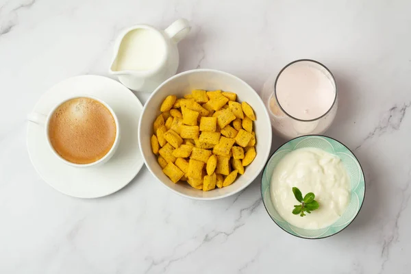 Black Coffee Cereal Milk Yogurt Breakfast Top View — Stock Photo, Image