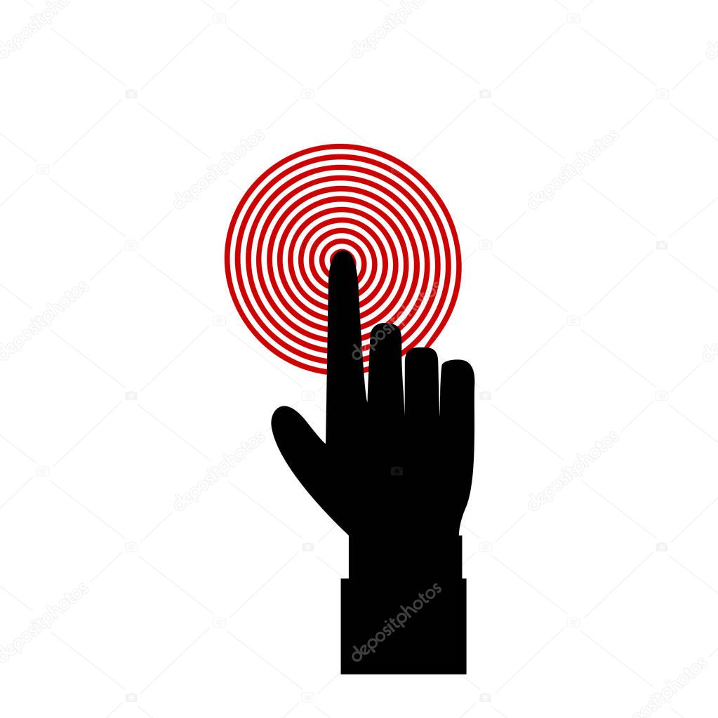 Vector illustration of index finger pointing to the target, business concept, black hand with index finger touching or pushing red target aim or pressing a button on white background. Palm silhouette.