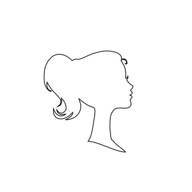 Genç kız veya kadın baş, yüz profili, siyah profil kontur silüeti skeç. Elle çizilmiş vektör çizim, beyaz arka plan üzerinde izole. Davetiye, tebrik kartı, vintage tarzı için tasarım.