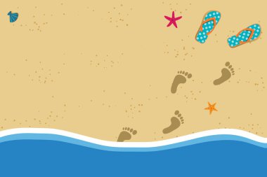 Yaz tatil vektör fotoğraf kenarlık çerçevesi ile çift-Flip floplar ve su dışında ki kum üzerinde insan yalınayak ayak yazdırır. Sandy deniz kıyısında metin için yer ile ayak izleri ve kabukları şablonuyla.