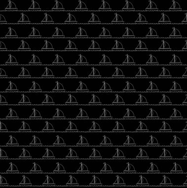 Kesintisiz deniz desen beyaz Yelkenli ile kontur siyah arka plan üzerine gemi. Deniz bebek duvar kağıdı modeli ile okyanus dalgalarının kontur gemilerde. İllüstrasyon vektör, kağıt veya kumaş sarma için yazdırma yat.