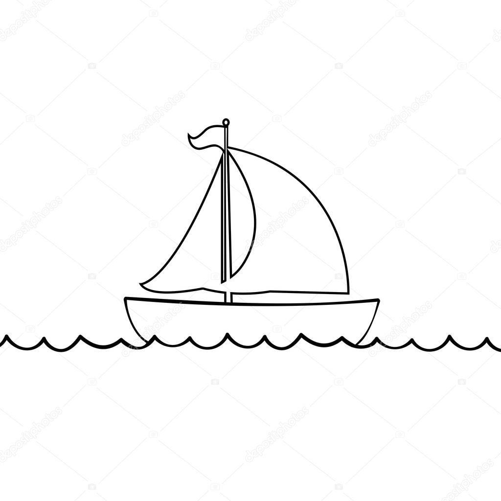 Vector black contour outline silhouette illustration of sailing ship transportation floating on sea waves. Yacht boat icon isolated on white background.