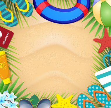 Yaz tatil kenarlık çerçeve şablonu kopya alanı ile üst görünümünü. Tatil tropikal plaj aksesuarları ve bununla birlikte güneş gözlüklü, deniz yıldızları, lifebuoy, palmiye yaprakları floplar, kumlu zemin üzerine top fiske vurmak.