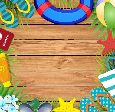 Yaz tatil kenarlık çerçeve şablonu kopya alanı ile üst görünümünü. Flip floplar, ahşap arka plan üzerinde topu tatil tropikal plaj aksesuarları ve palmiye yaprakları ile güneş gözlüğü, deniz yıldızları, lifebuoy,.