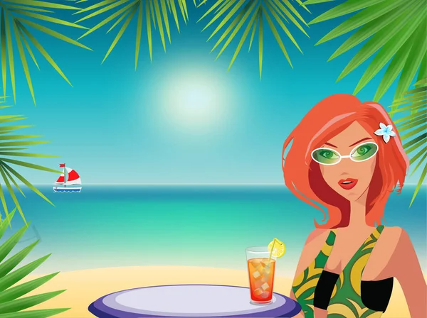Summer tropical vacation illustration with cute girl with ginger hair sitting on the beach with cocktail. Palm leaves frame border template with young beautiful drinking woman on sea beach background
