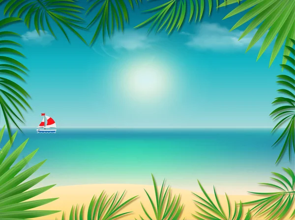 砂海のビーチ ヤシの木枠の付いた帆船熱帯背景テキストのスペースを空のコピーを残します ポスター バナー チラシ 写真フレーム デザインのカラフルなエキゾチックなテンプレート — ストック写真