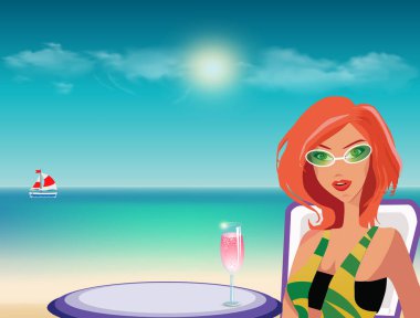 Kızıl saçlı kız deniz arka plan, Yelkenli tekne ve güneşli bulutlu gökyüzü altında boş kopya alanı ile yaz sahilde kokteyl ile güneş gözlüğü vektör Illustration. Kadın tatil tropikal kavramı.