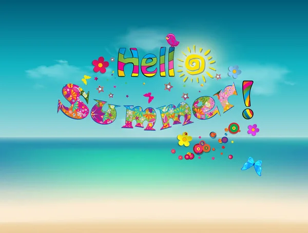 Hello Summer Vector Cartoon Lettering Typography Cute Elements Sun Birds — Stock Vector