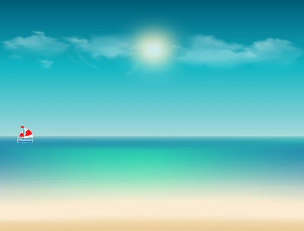 Vector tranquil summer tropical illustration with ocean view, sail boat and sea sandy beach under the bright sun shining, cloudy blue sky and empty copy space for text. Cartoon template for design.