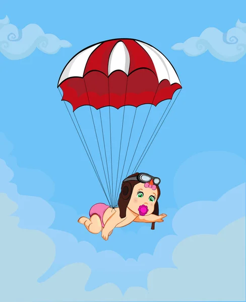 その青い曇り空を背景に赤のパラシュートで落ちてパイロット帽子でかわいい赤ちゃんは女の子と少女漫画のベクトル図です ベビー シャワーのグリーティング カードのデザイン 生まれたばかりの赤ちゃんの到着のコンセプト — ストックベクタ