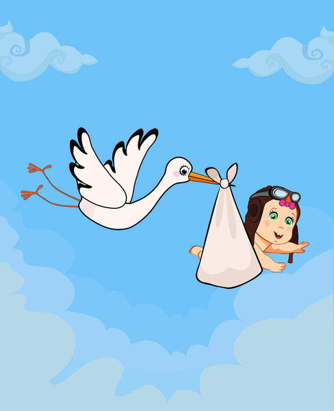 Its a girl cartoon vector illustration with stork bringing cute baby wearing pilot hat on blue cloudy sky background. Baby shower greeting card. Newborn baby arrival concept.