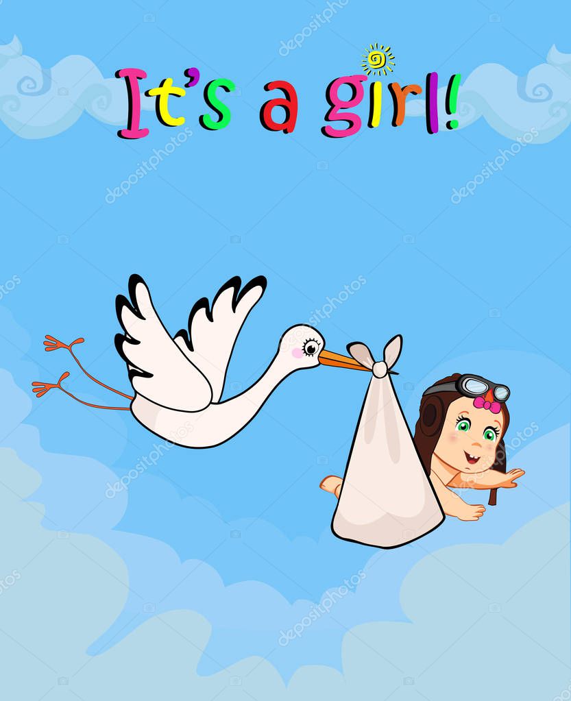 Its A Girl Cartoon Vector Illustration With Stork Bringing Cute Baby Wearing Pilot Hat On Blue Cloudy Sky Background Baby Shower Greeting Card Newborn Baby Arrival Concept Premium Vector In Adobe