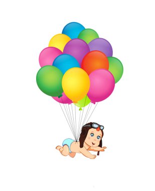 Onun bir çocuk çizgi film vektör çizim üzerinde beyaz izole renkli helyum balonları demet uçan pilot şapkalı şirin bebek kız ile. Bebek duş tebrik kartı küçük resim. Yeni doğan bebek varış.