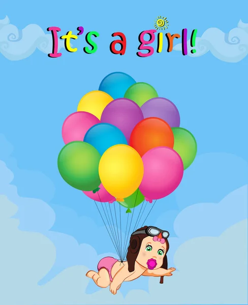 它的一个女孩卡通矢量插图与可爱的婴儿在飞行员的帽子落在一堆氦气球上的蓝色多云的天空背景 婴儿送礼会贺卡 新生婴儿到达概念 — 图库矢量图片
