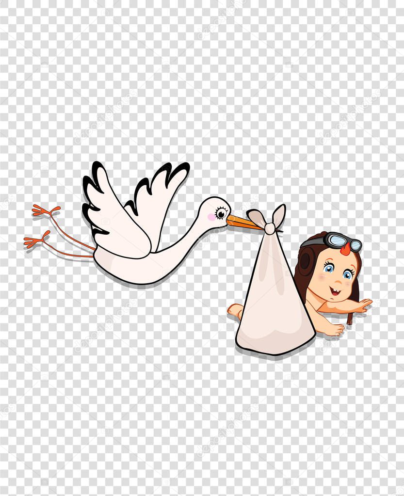 Its a boy cartoon vector illustration with stork bringing cute baby wearing pilot hat isolated on transparent background. Baby shower clip art or sticker for greeting card. Newborn arrival concept