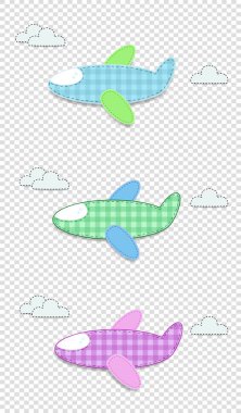 Şirin bebek klip sanat elemanları için karalama defteri veya bebek duş tebrik kartı ve çocuklar tasarım vektör ayarlayın. Yeşil, mavi ve pembe uçağın şeffaf arka plan üzerinde kumaş ya da kağıt ekose çıkartmaları kesip.