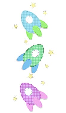 Şirin bebek öğeleri scrapbooking ya da bebek duş tebrik kartı ve çocuklar tasarım vektör ayarlayın. İzole kumaş ya da kağıt etmek Sticker beyaz zemin üzerine yeşil, mavi ve pembe roketler, kesip