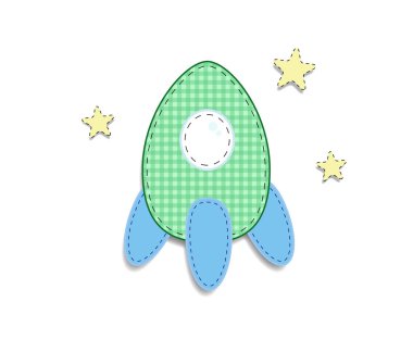 Şirin bebek erkek ya da kız vektör klip sanat için öğe karalama defteri veya bebek duş tebrik kartı ve Childs'ın tasarımı. Kumaş ya da kağıt ekose yeşil roket plakası, simgesi beyaz arka plan üzerinde izole kesmek.