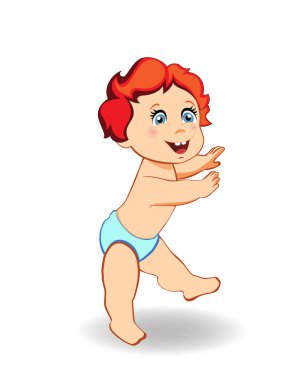 Vektör karikatür çizim sevimli gülümseyen küçük bebek çocuk mavi bezi kalkıp kaçmaya çalışıyor. İlk adımlar, küçük zencefil toddler beyaz arka plan üzerinde izole tam uzunlukta çocuk karakter küçük resmini