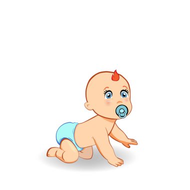 Vektör karikatür çizim erkek mavi bebek bezi bebek şirin gezinme emzik ile. Dört ayak diz, tam uzunlukta çocuk karakter beyaz arka plan üzerinde izole küçük resmini küçük zencefil çocuk tarar.