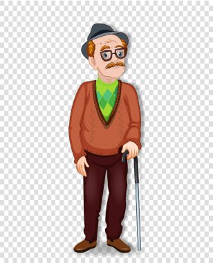 Vector cartoon illustration of an old man character. An elderly full length man with glasses and walking cane wearing hat isolated on transparent background. Grandpa standing alone. clipart