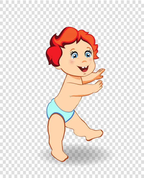 矢量卡通插图可爱的小男孩在蓝色尿布试图走 小红头发的孩子做第一步 在透明背景下隔离的全长儿童字符的剪贴画 — 图库矢量图片