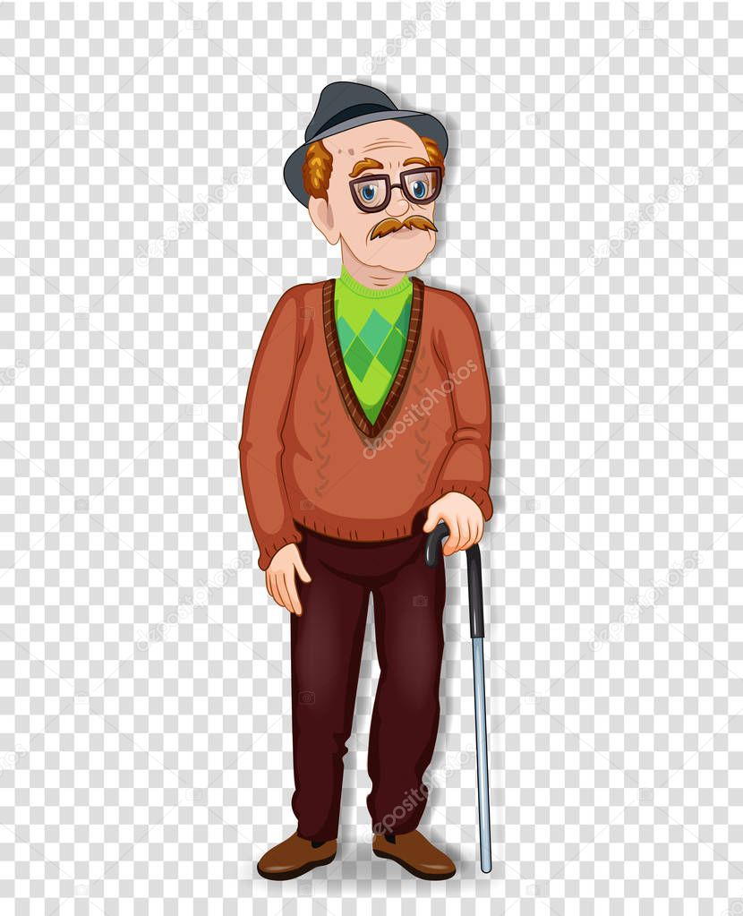 Vector cartoon illustration of an old man character. An elderly full length man with glasses and walking cane wearing hat isolated on transparent background. Grandpa standing alone.