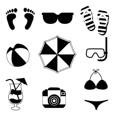 Vektör siyah beyaz siluet çizim yaz plaj simge seti beyaz arka plan üzerinde izole seyahat. Fotoğraf kamera, flip flop, şemsiye, kokteyl, top, ayak izleri, Dalış maske, mayo