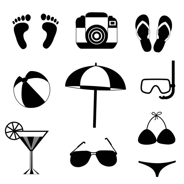 Vector Silueta Blanco Negro Ilustración Viaje Verano Conjunto Icono Playa — Vector de stock