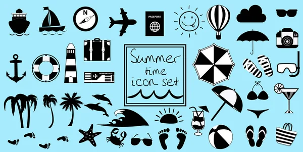 Vector Black White Summer Travel Vacation Beach Big Icon Set — Stock Vector