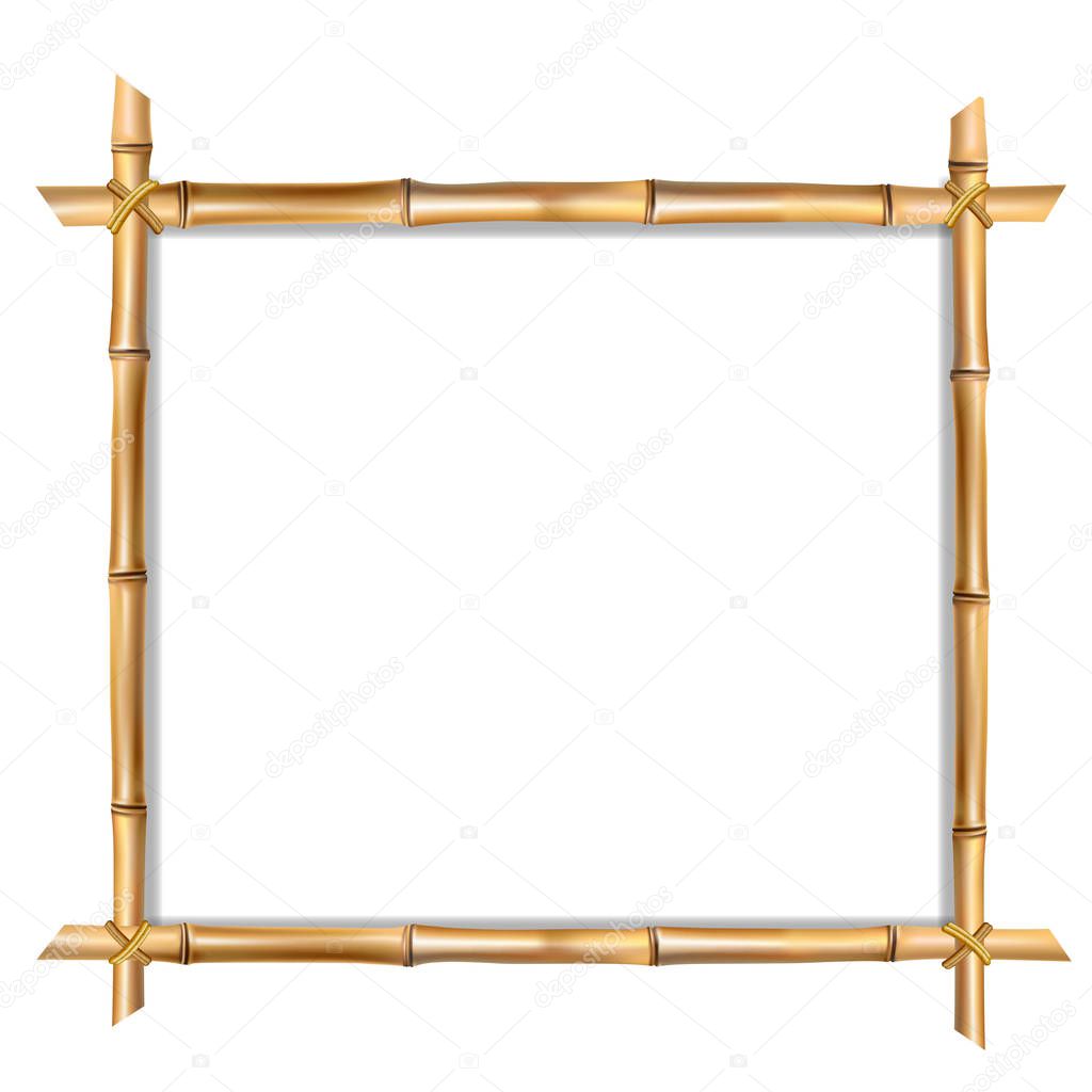 Square brown wooden border frame made of realistic brown bamboo sticks with empty copy space for text or image inside. Vector clip art, banner, poster or photo frame isolated on white background.
