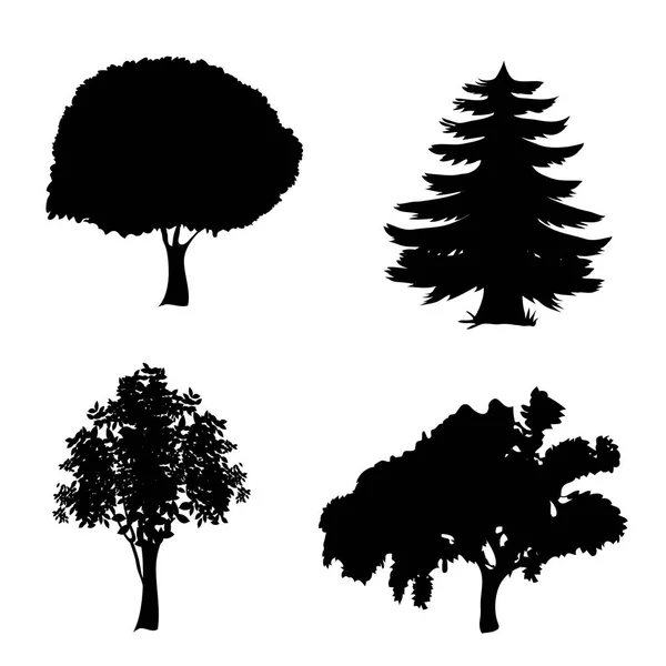 Conjunto Vetorial Ícones Árvores Sílhuetas Pretas Árvores Foliares Pinheiros Isolados — Vetor de Stock