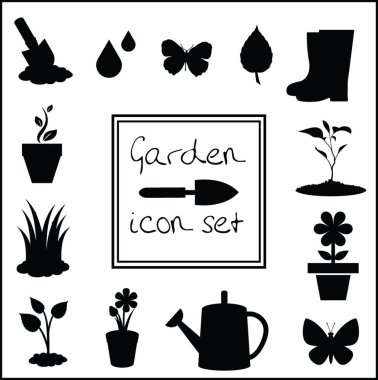 Black silhouettes of gardening icons set isolated on white background . Vector illustrations, icons, signs, templates for design. clipart
