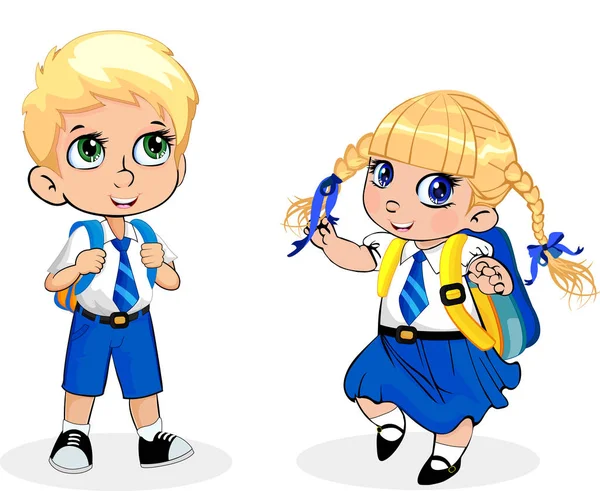 Χαριτωμένο Μικρό Σχολείο Κορίτσι Και Αγόρι Φορώντας Στολή Σακίδιο Που — Διανυσματικό Αρχείο