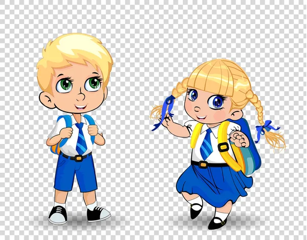 Cute Little School Girl Boy Wearing Uniform Backpack Transparent Background — Stock Vector