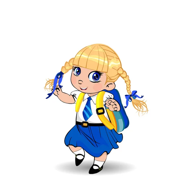 Cute Little Blonde School Girl Braids Big Blue Eyes Wearing — Stock Vector